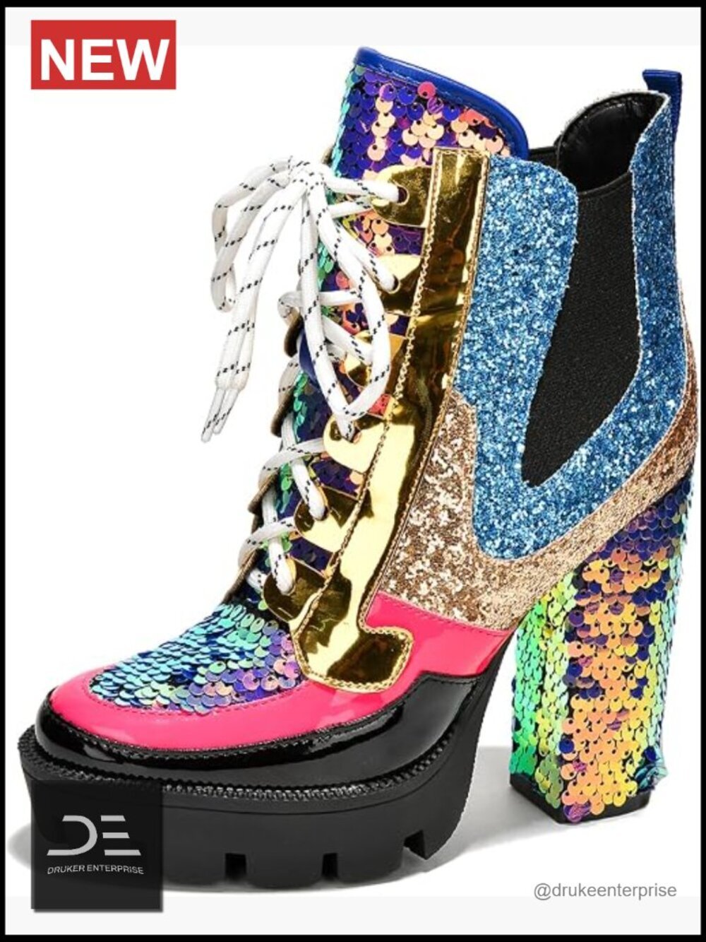 Sparking Glitter Platform Chelsea Boots Chunky Block Heel Zip